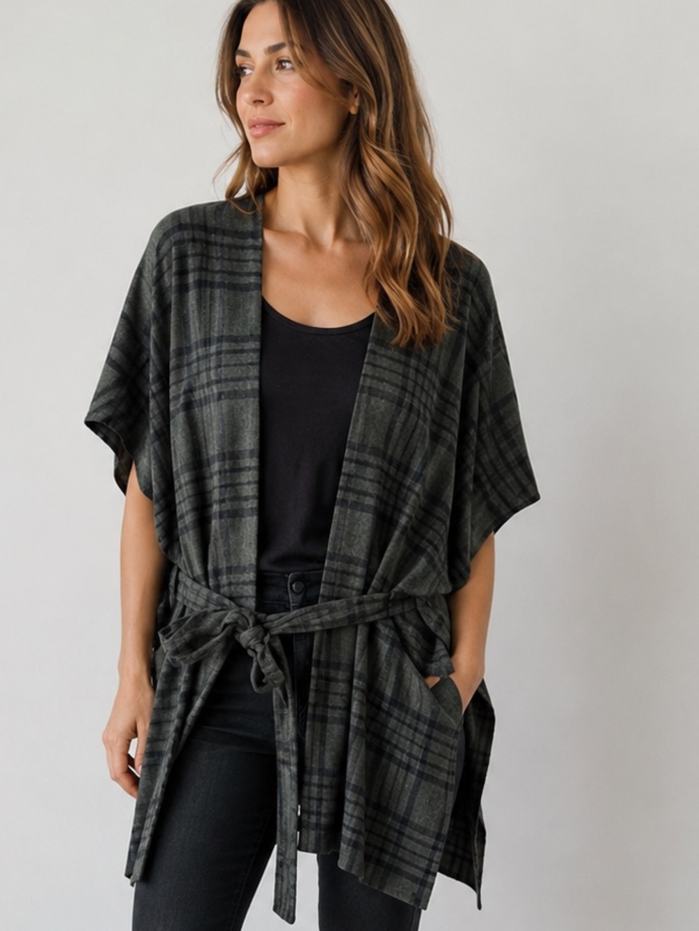 Banana Republic Olive Plaid Belted Poncho Sweater Women’s XL
